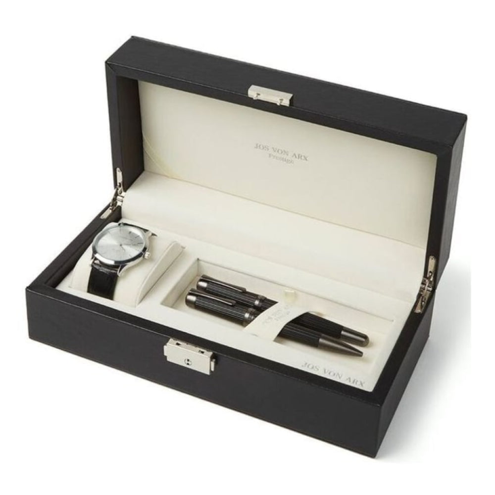 Men's Gift Set With Black & Silver Classic Watch & 2 Chunky Pens
