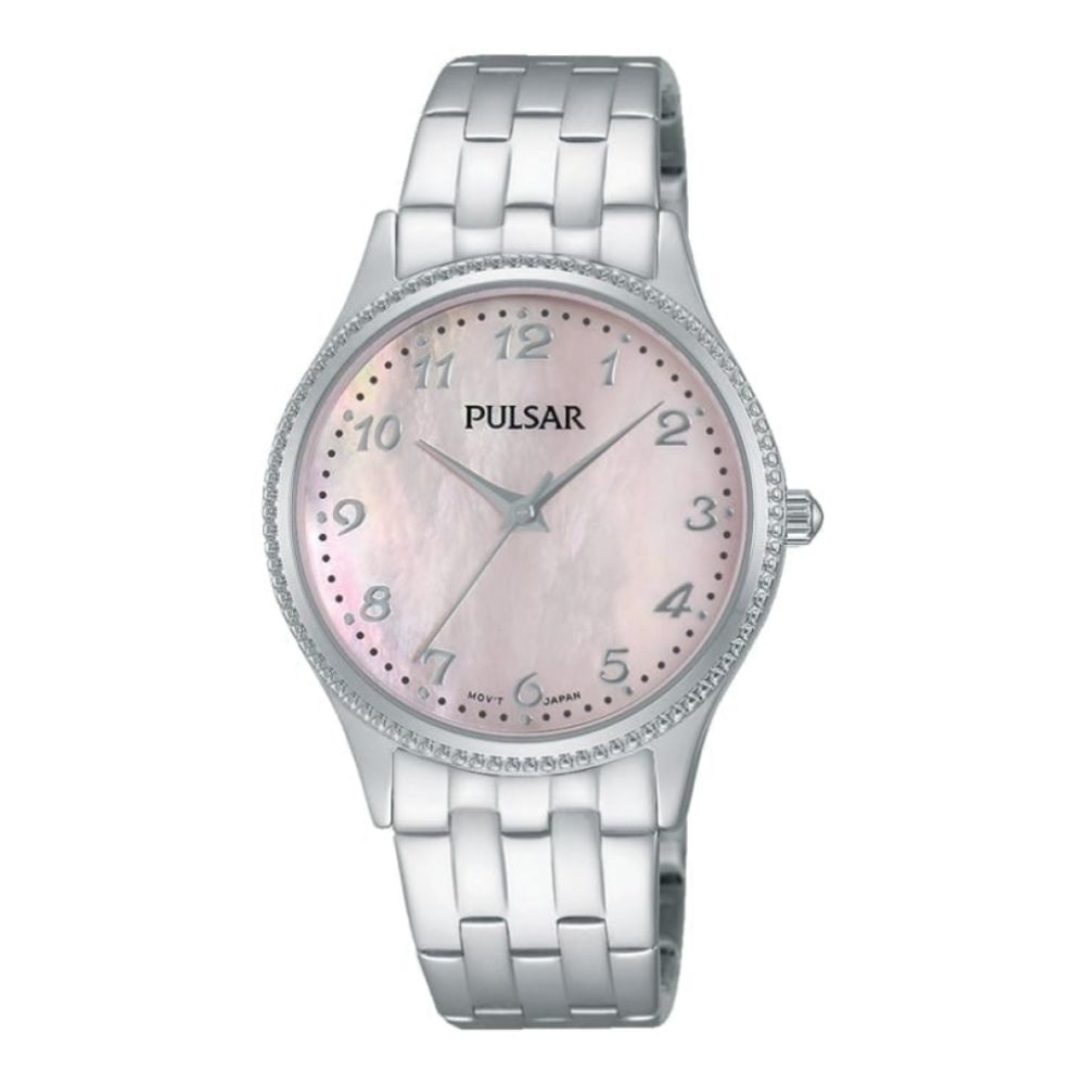 Womens Chrome Bracelet Watch Pink Face