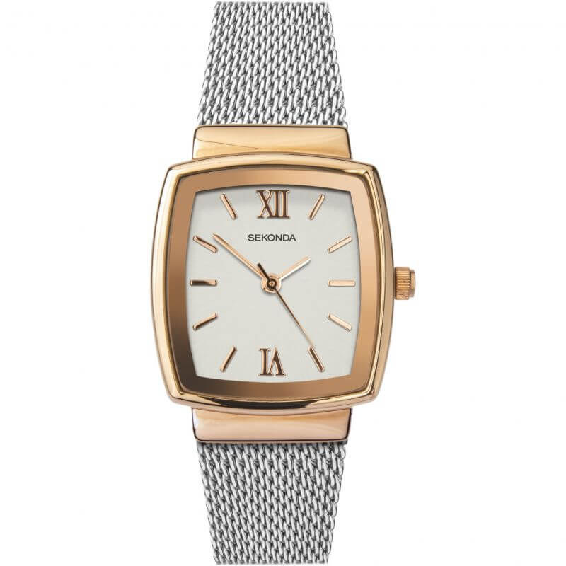 Rose Gold Plated Square White Dial & Steel Mesh Bracelet Strap Ladies Watch