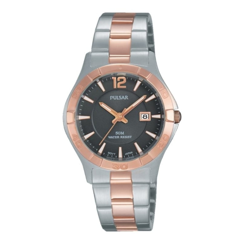 Womens Chrome/Rose Gold Bracelet Watch with Black Face