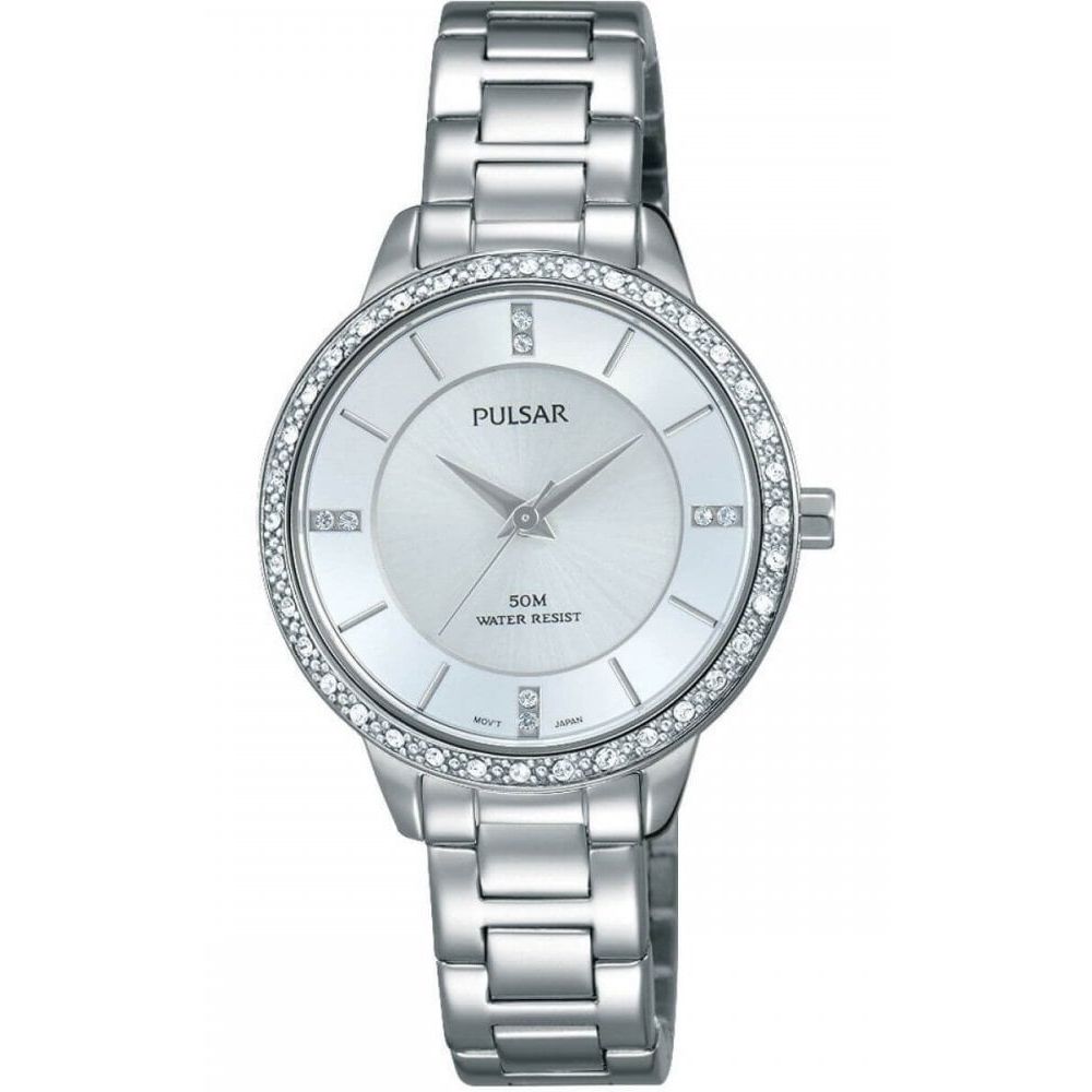 Stainless Steel Bracelet Strap & Round Stone Case With White Dial Ladies Watch
