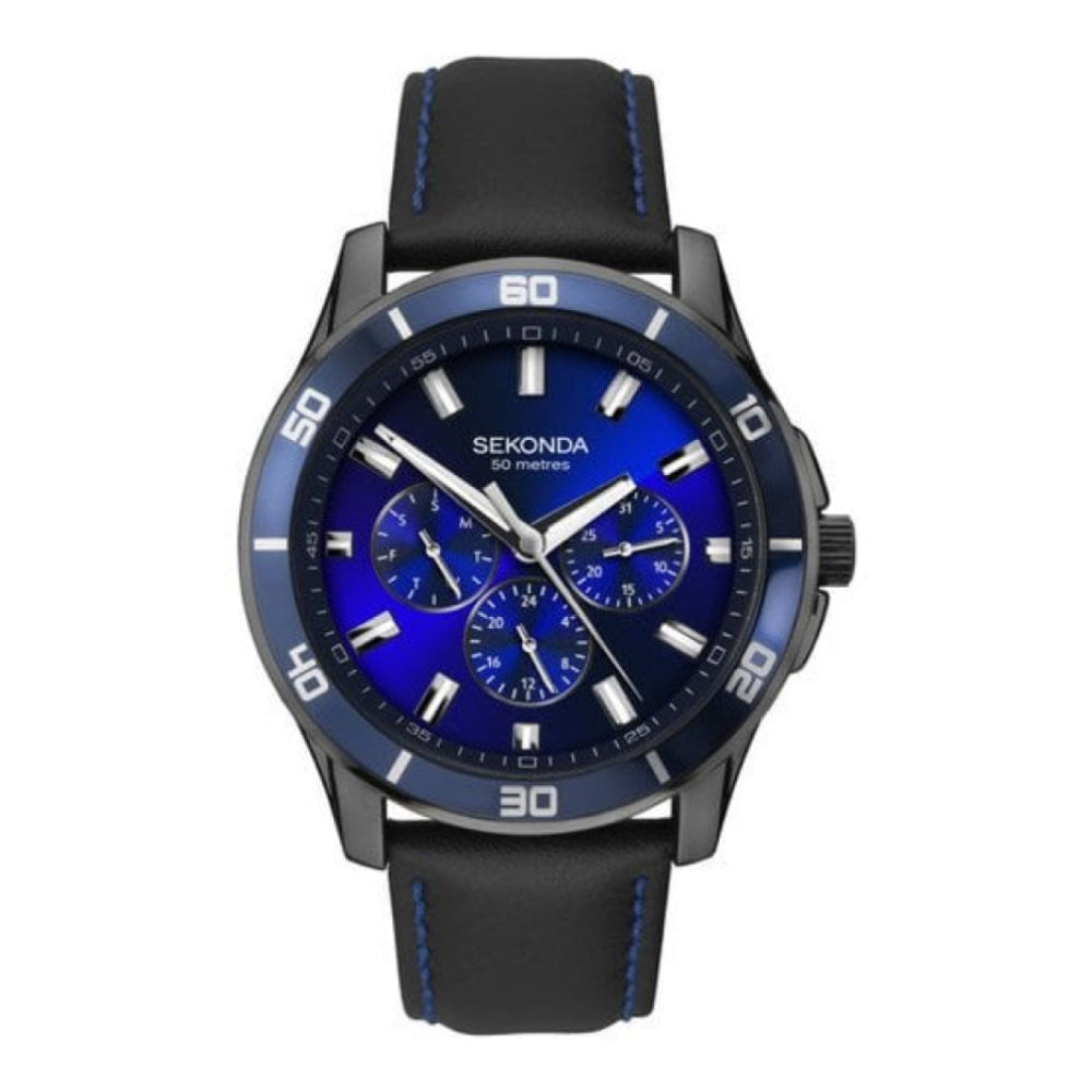 Midnight Blue Dial With Gunmetal Plated Case & Black Leather Strap Multifunction Gents Watch