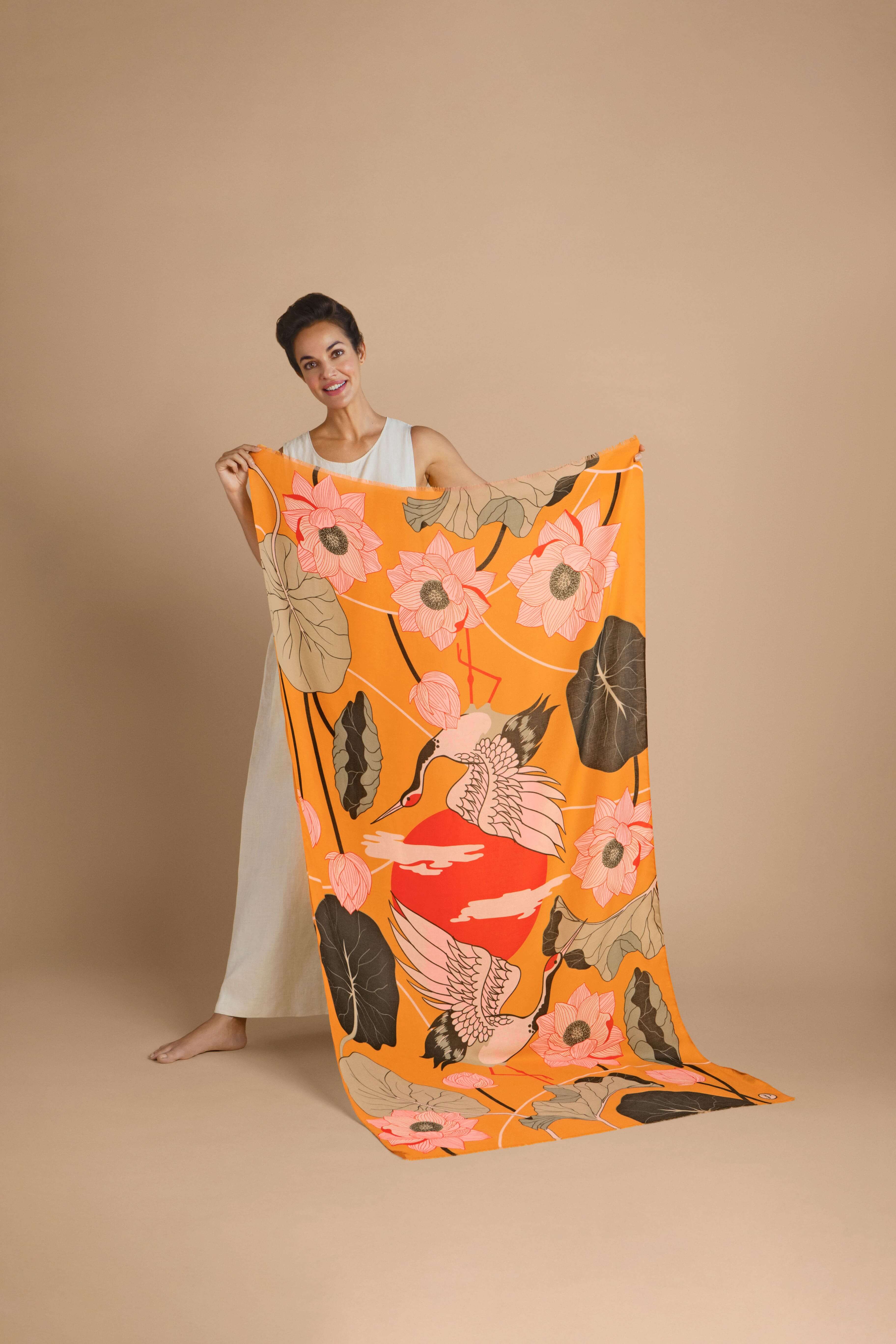 Crane at Sunrise Print Scarf - Mustard