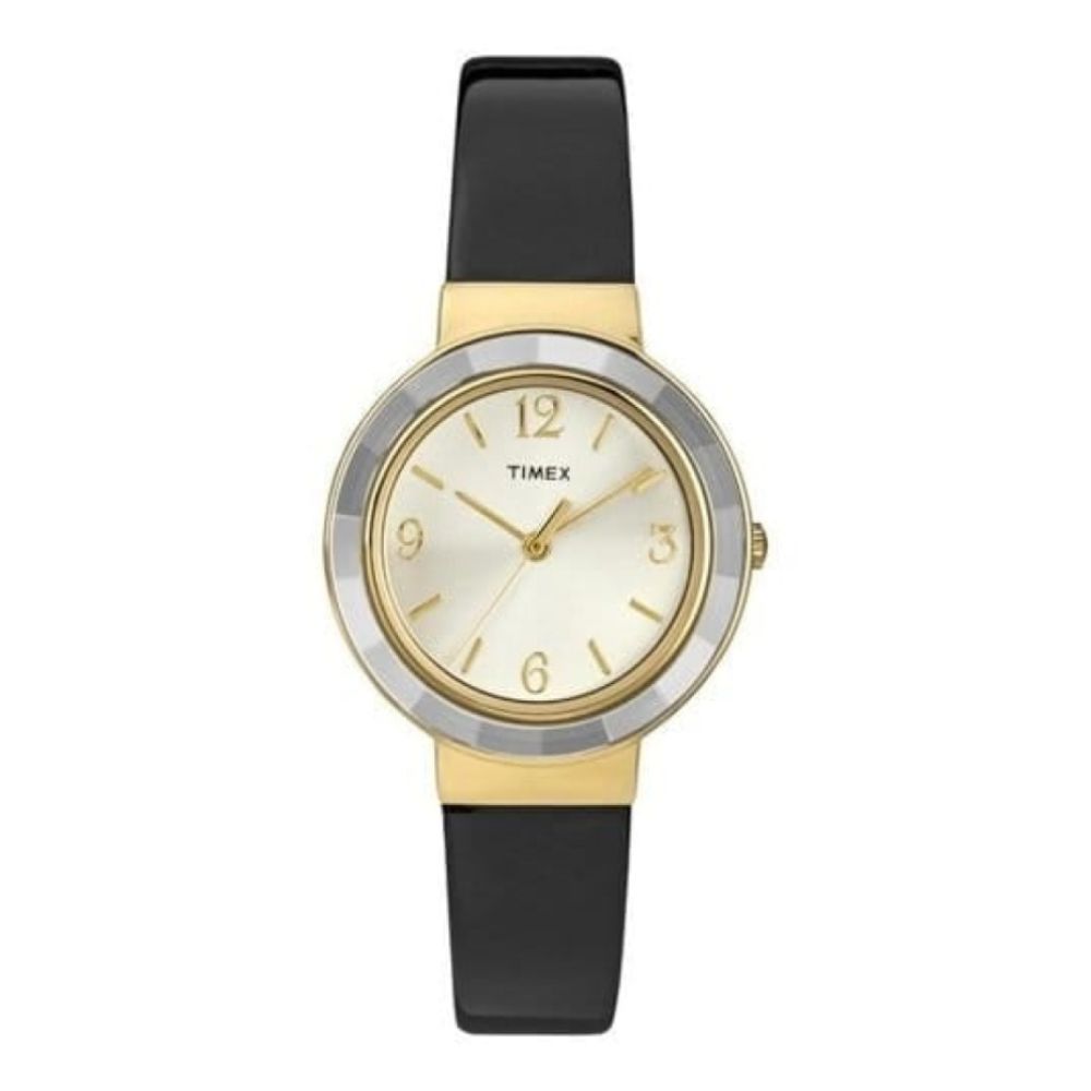 Ladies Faceted Bezel & Black Shiny Leather Strap Watch