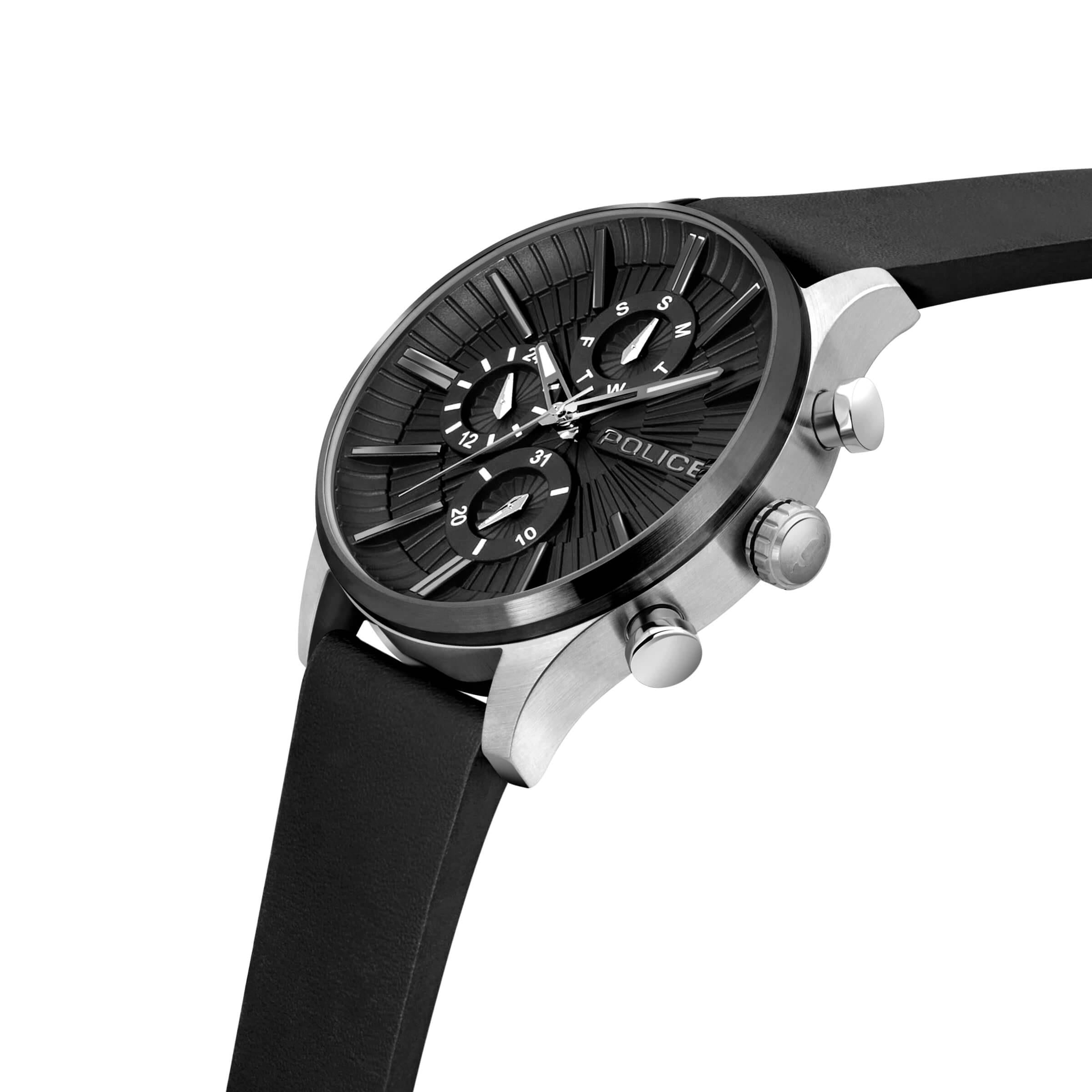 BARTER SS Multifunction Black Dial & Black Leather Strap Watch