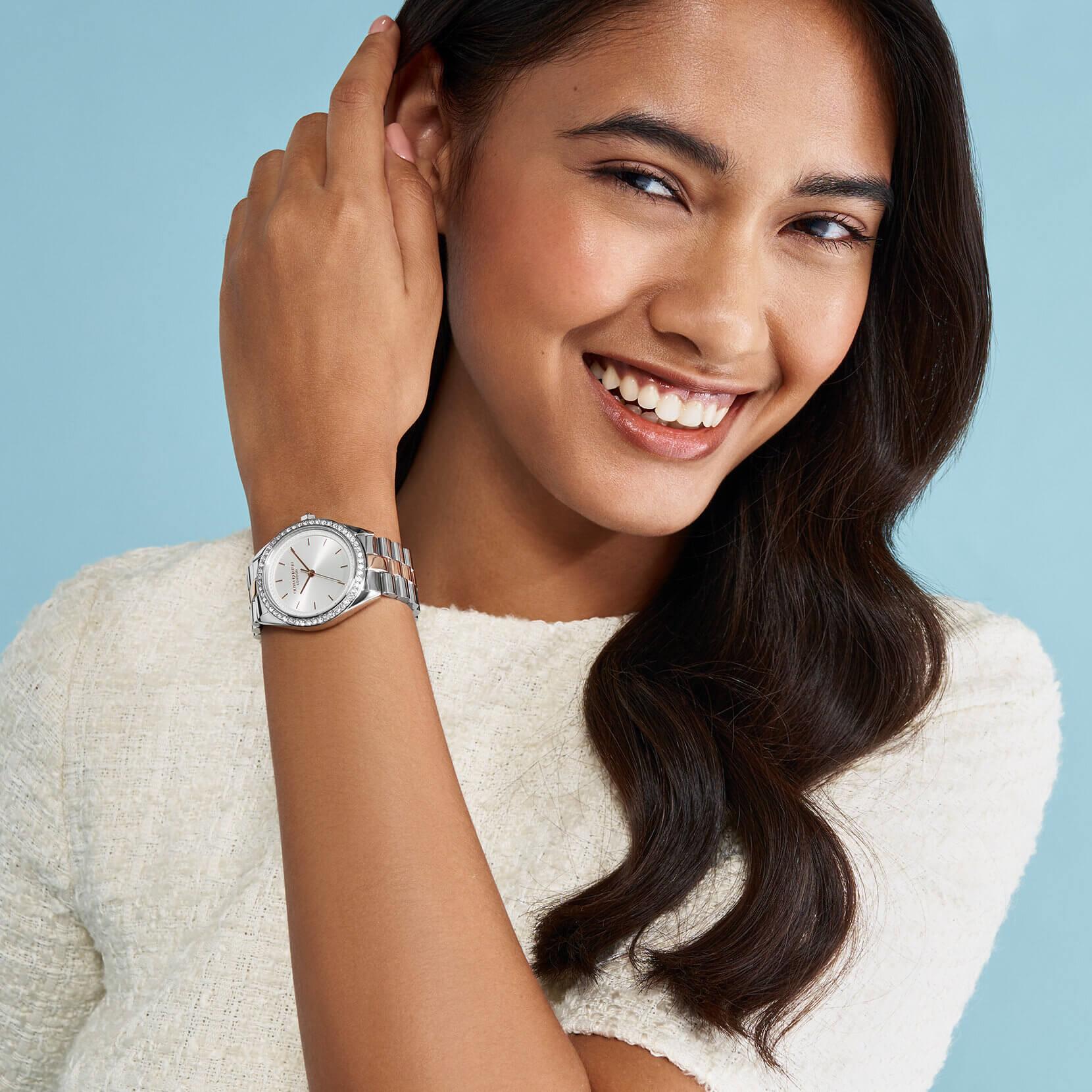 Bejewelled Silver Dial & Two Tone Bracelet Watch