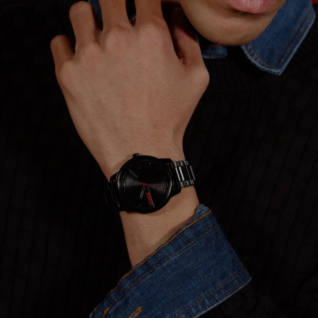 #Stamp Black Dial With Black IP Bracelet Strap Gents Watch