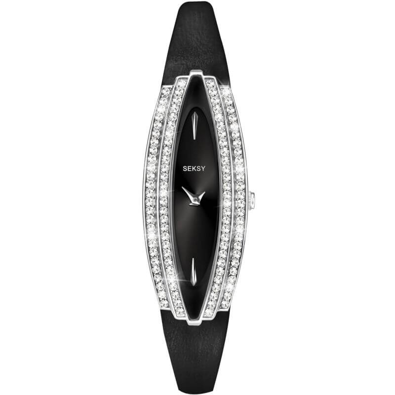 Black Dial & Black Leather Strap Ladies Watch