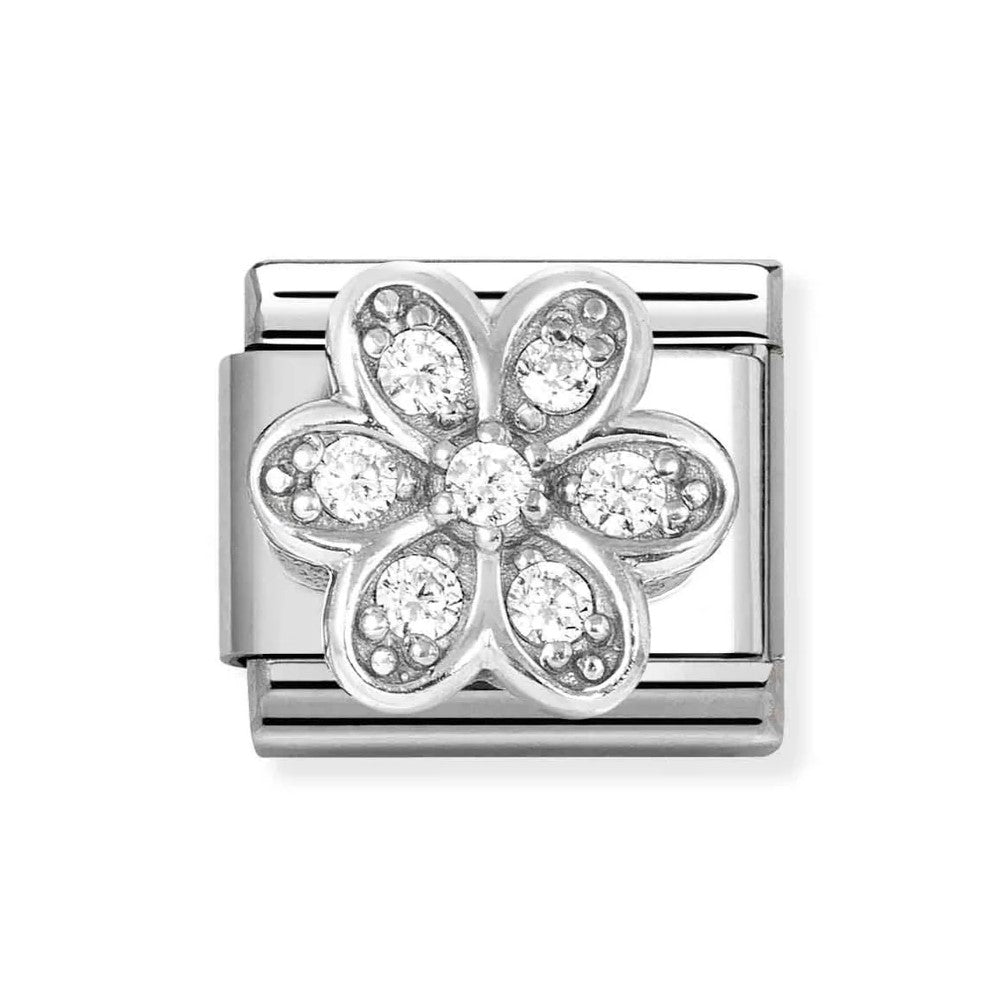 Composable Classic Steel Charm With Daisy In 925 Silver & White CZ