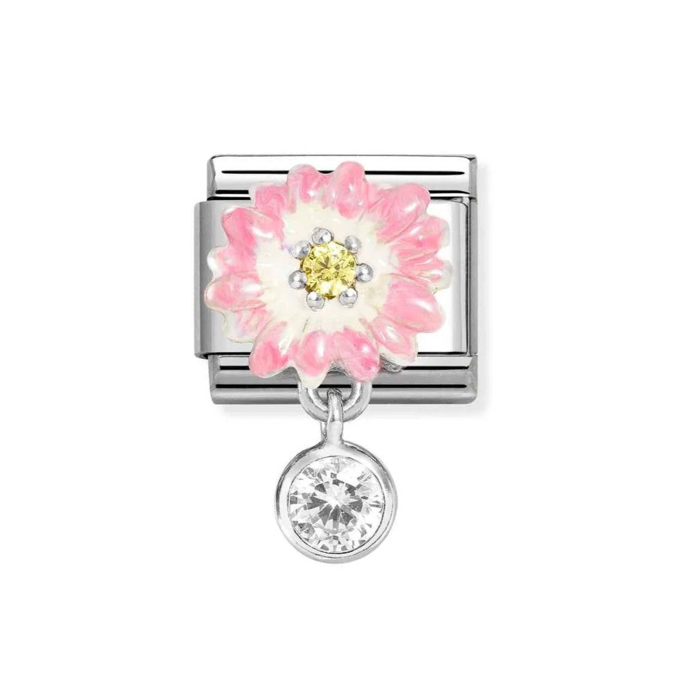 Classic Pink Daisy With Yellow CZ & CZ Round Pendant Charm In 925 Silver