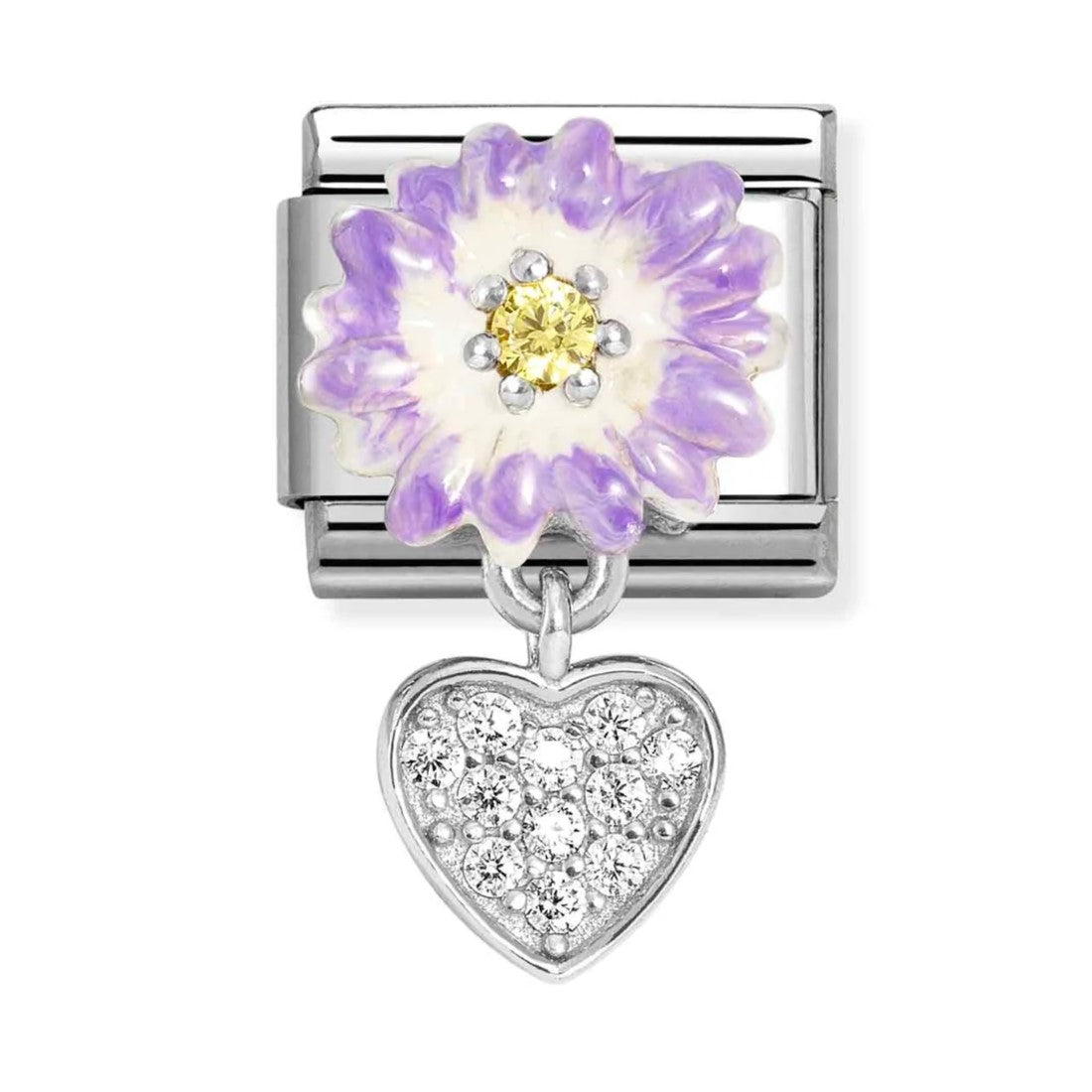 Classic Purple Daisy With Yellow CZ & CZ Heart Pendant Charm In 925 Silver