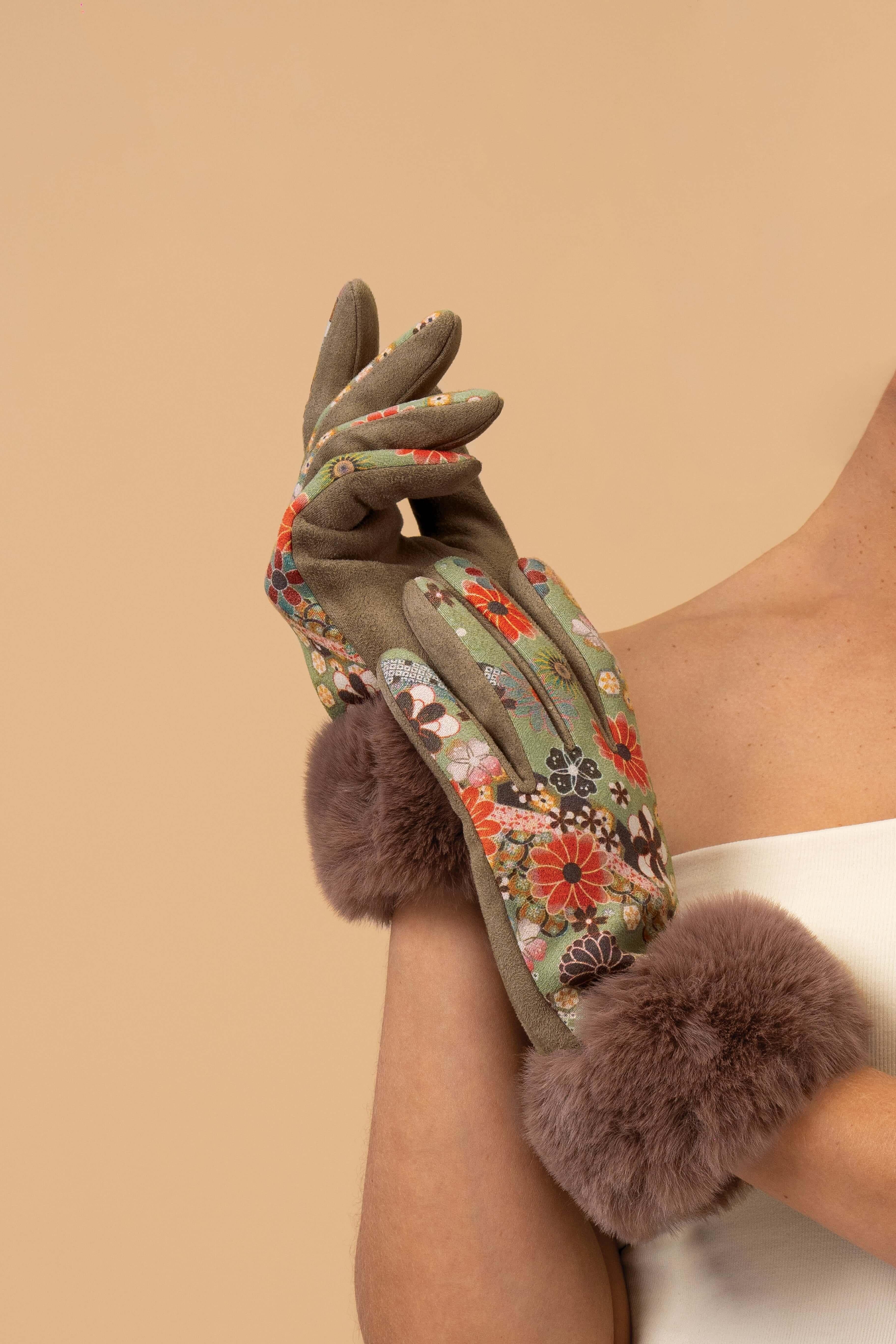 Bernadette Gloves -70s Floral Kaleidoscope Olive