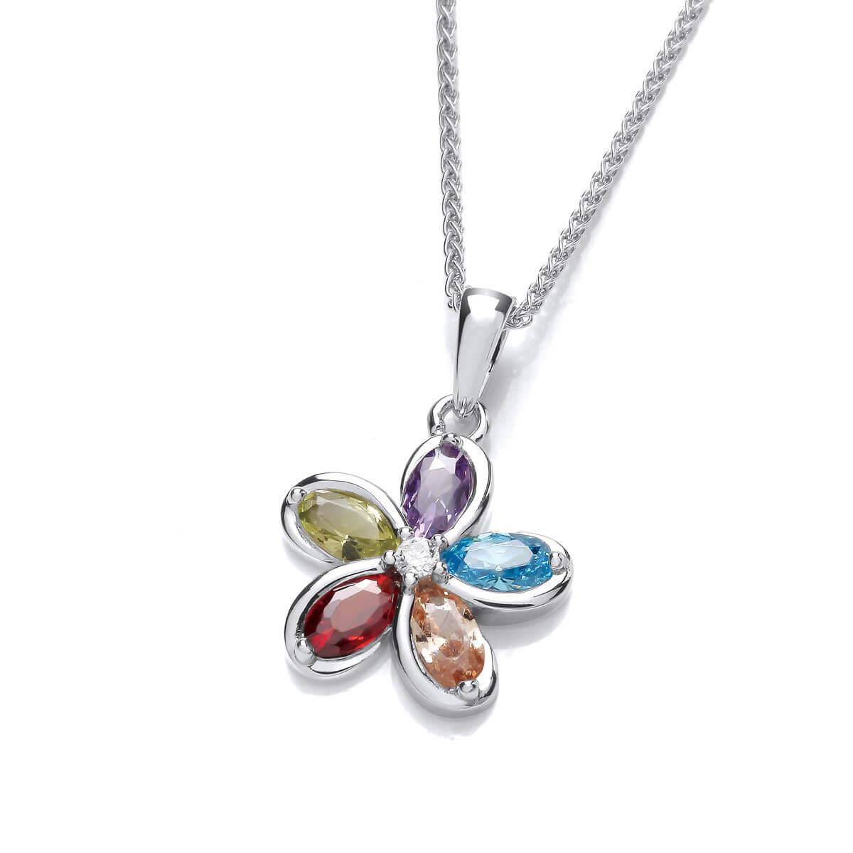 Silver & Rainbow Colours Cubic Zirconia Flower Pendant With Chain