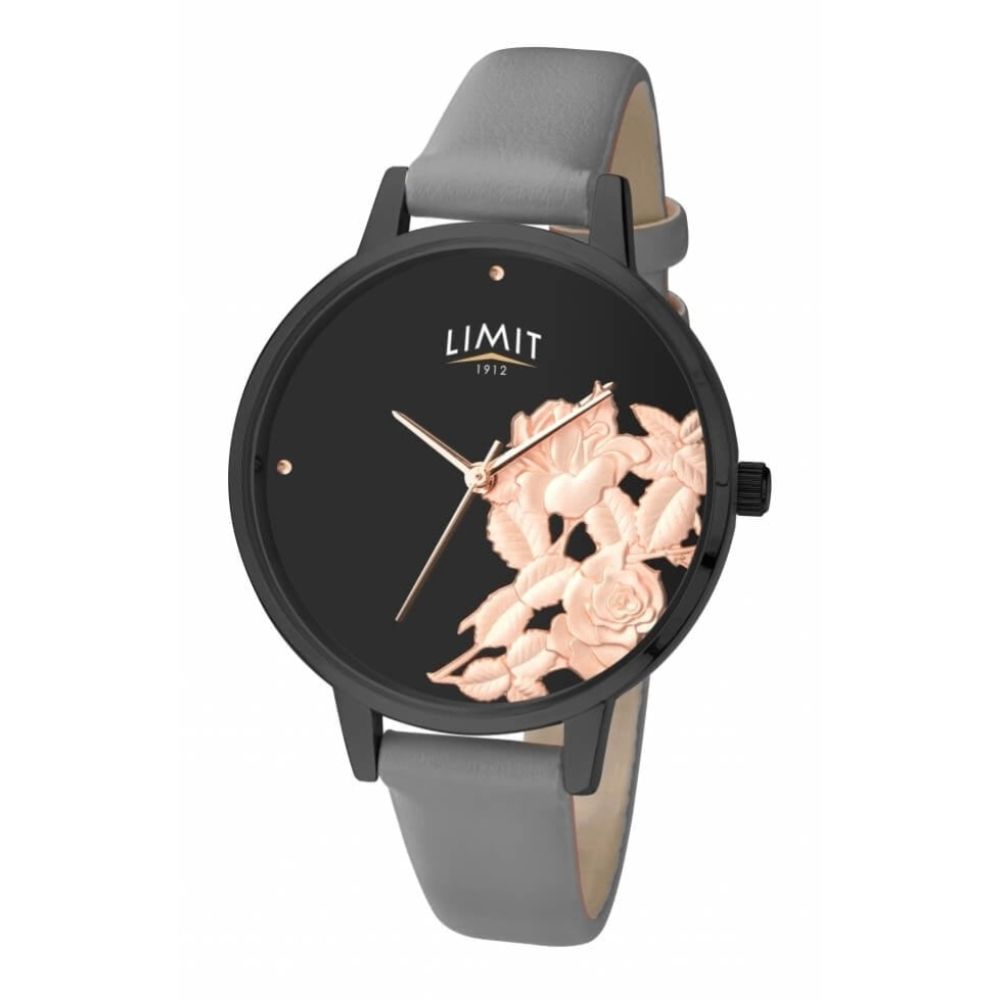 Black Tone Case With 3D Flower Print Black Dial & Grey PU Strap Ladies Watch