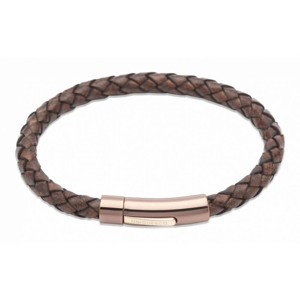Antique Dark Brown Leather Bracelet With Rose Ion Plated Steel Clasp