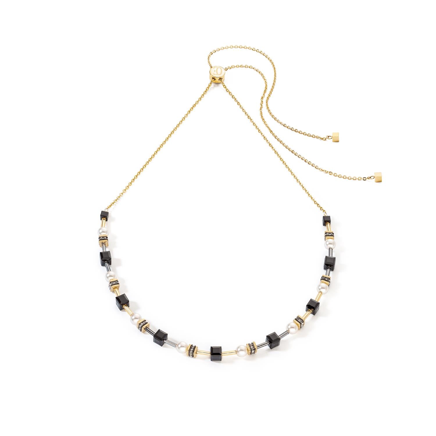 Mysterious Cubes & Pearls Gold Black Necklace