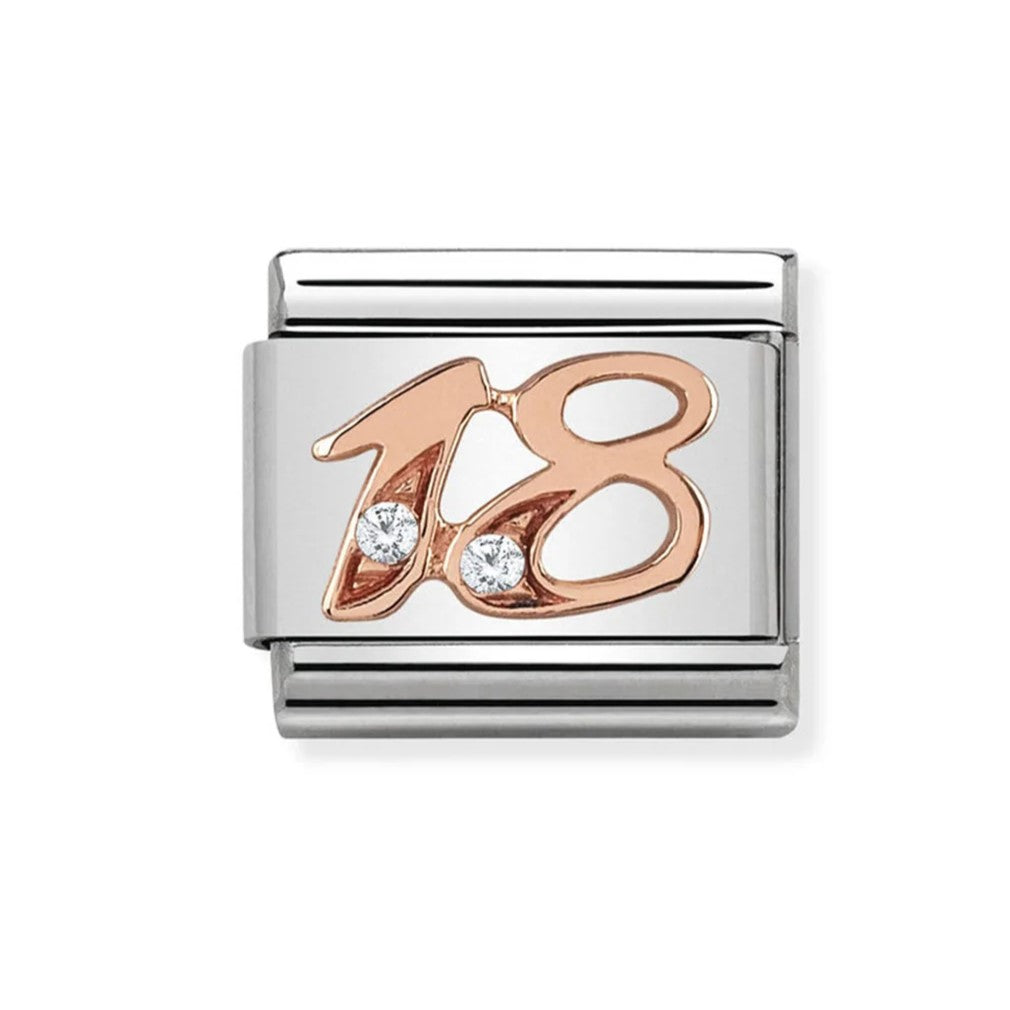 Classic Number 18 In Rose Gold, Steel & Zircon Charm