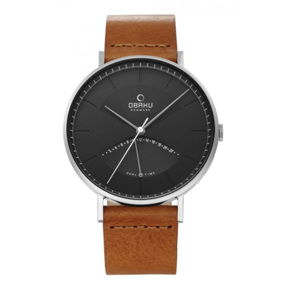 ELM - CAMEL Stainless Steel Grey Dual Time Dial & Brown Leather Strap Gents Watch