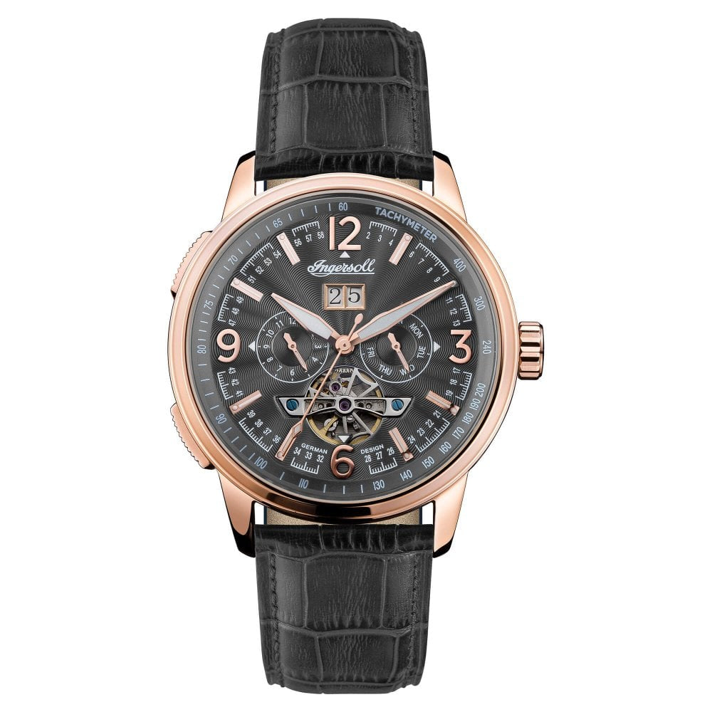 Mens The Regent Automatic Watch with Black Dial and Black Leather Strap
