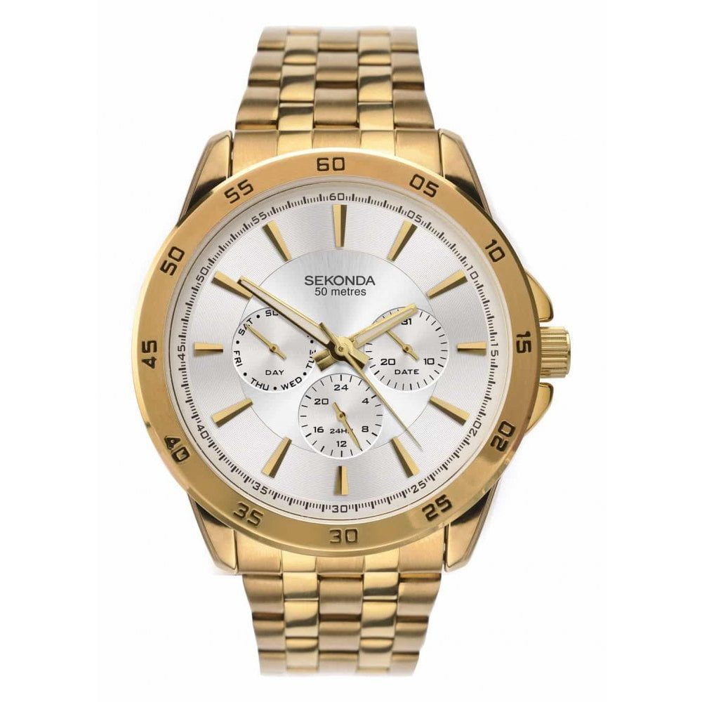 Gold Tone Case With Multifunction White Dial & Bracelet Strap Gents Watch
