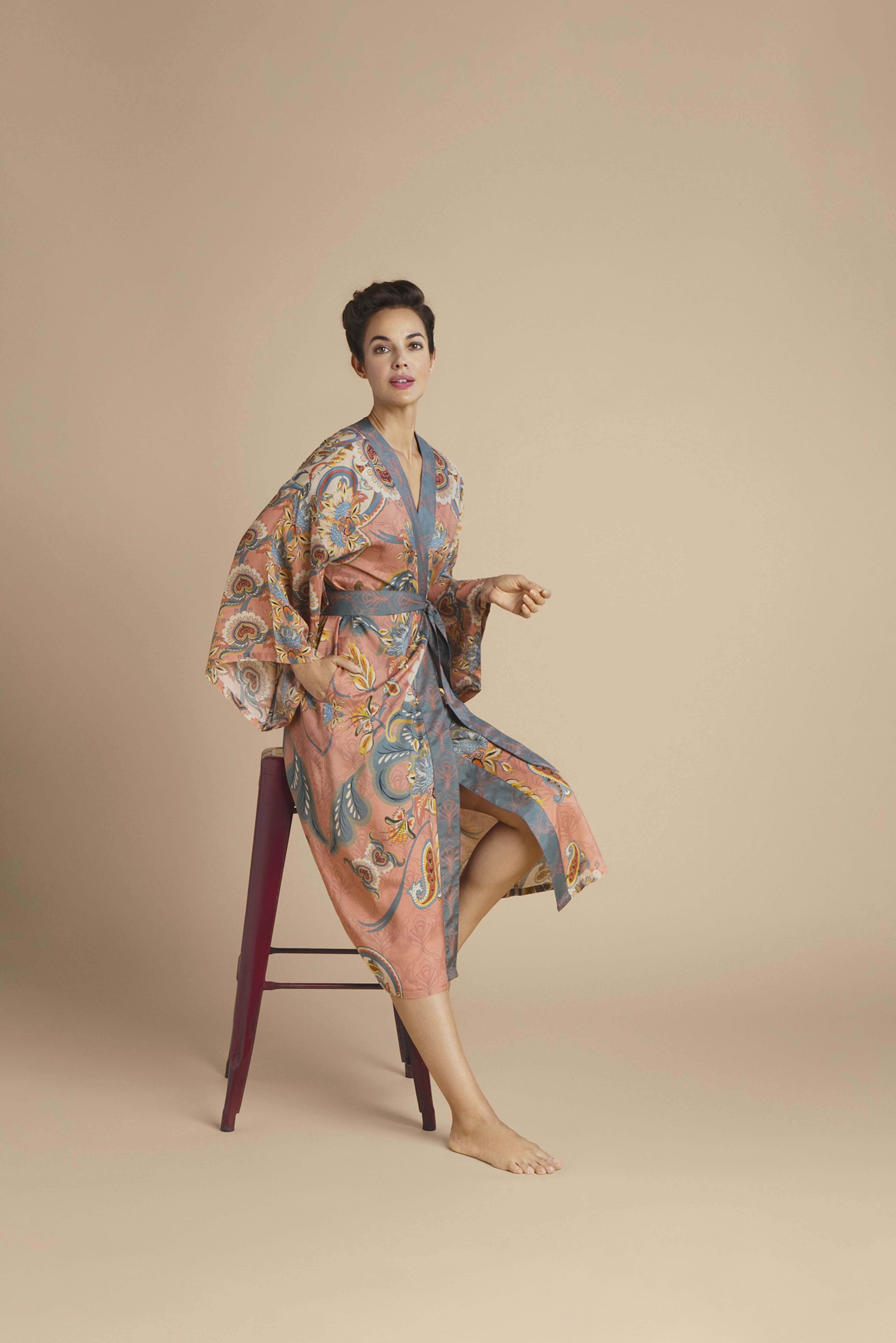 Mediterranean Paisley Kimono Gown - Coral