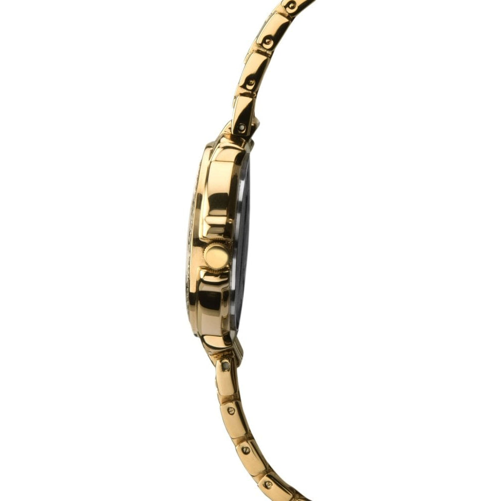Gold Plated Bracelet Strap & Clear Stone Set Case With White Dial Ladies Watch