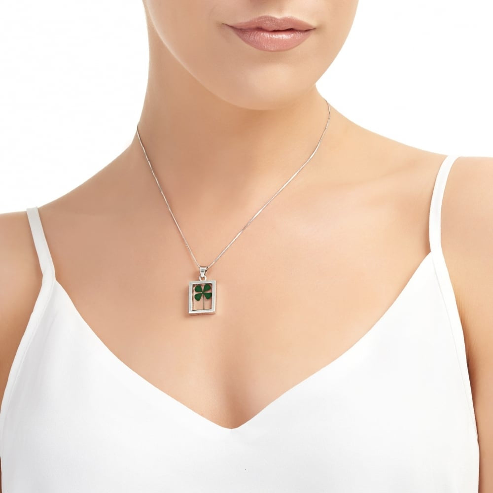 Silver Pendant - Four Leaf Clover - Chunky Rectangle