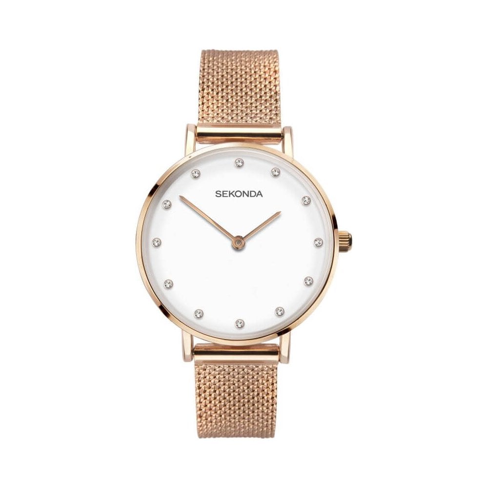 Rose Gold Plated Mesh Strap & Case With White Stone Set Dial Ladies Watch