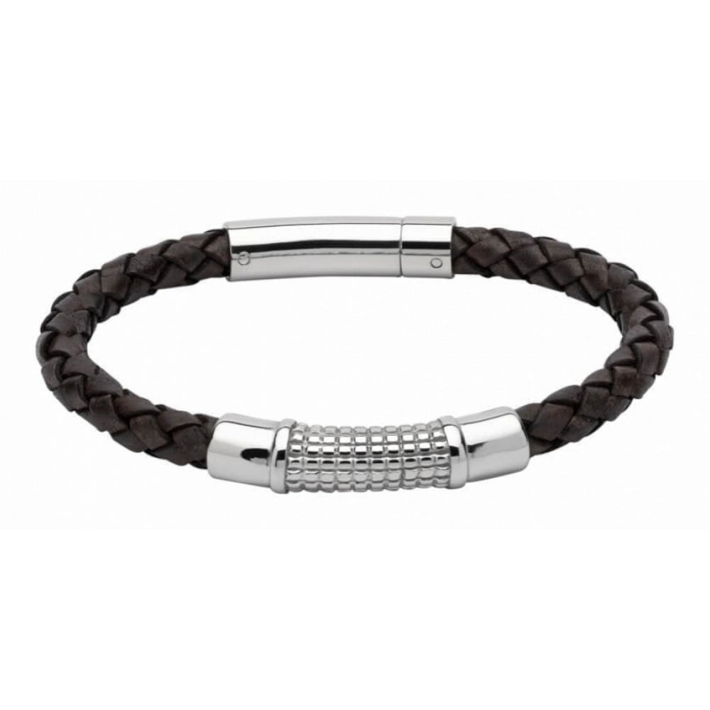 Antique Dark Brown Leather Bracelet With Steel Element & Steel Clasp