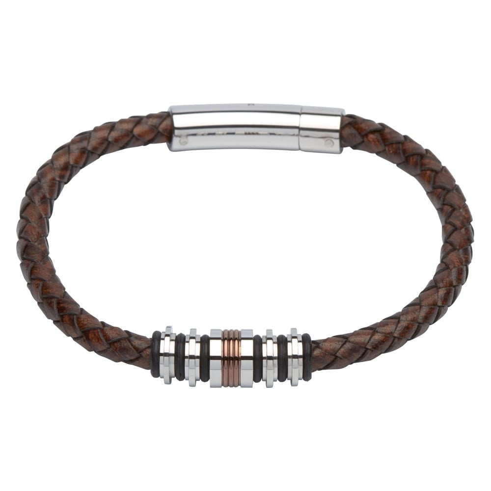 Dark Brown Leather Bracelet With Ion Plated Steel Elements