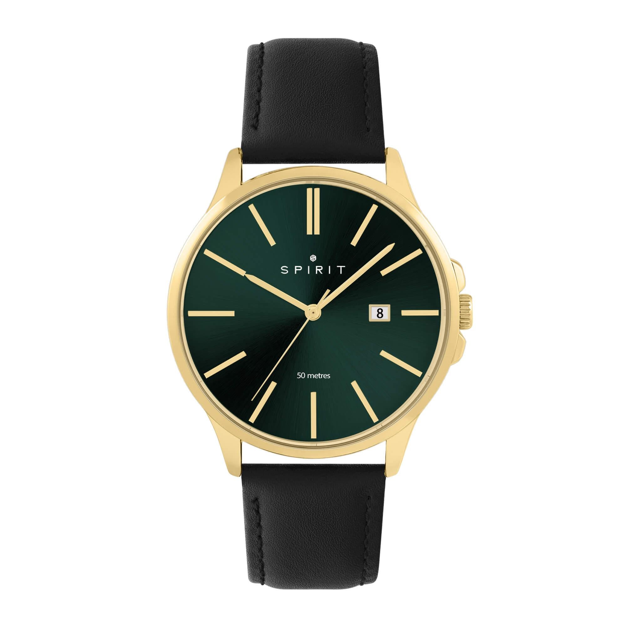Gents Classic Polished Gold Leather Watch in Black