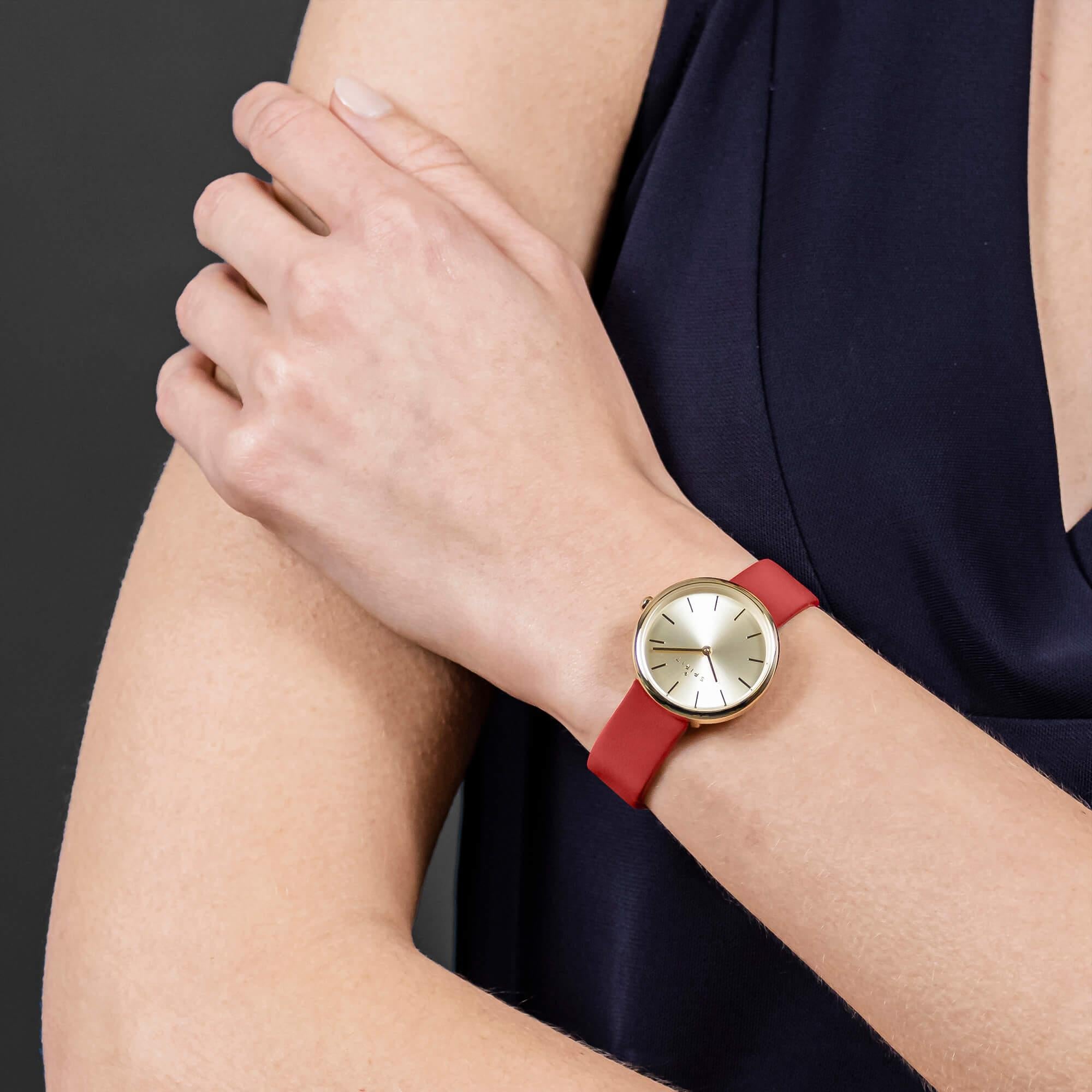 Ladies Polished Pale Gold Slim Strap Leather Watch in Red