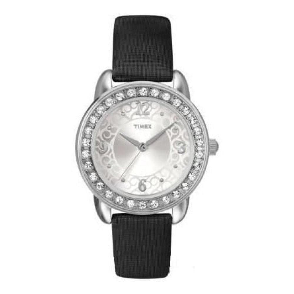 Ladies Black Leather Silver Dial Strap Watch