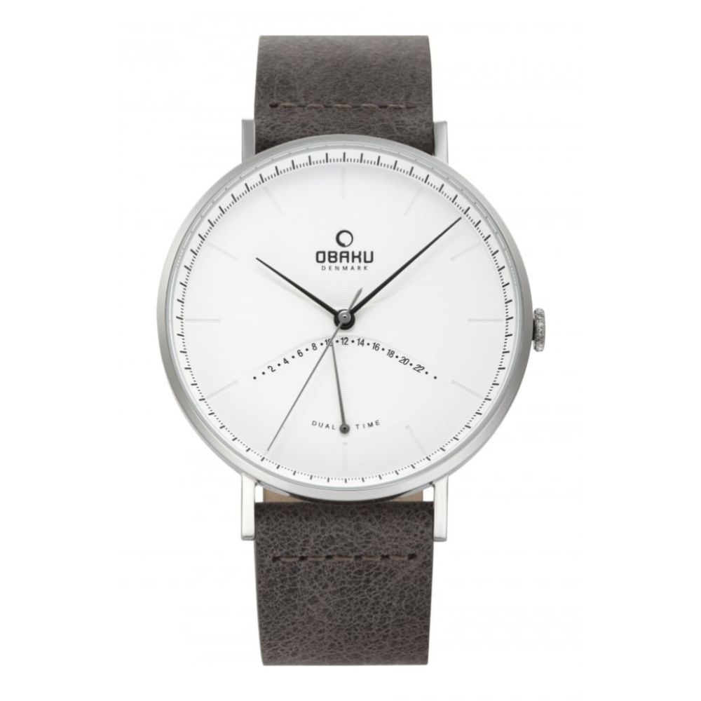 ELM - CLAY Stainless Steel White Dial & Grey Leather Strap Dual Time Gents Watch