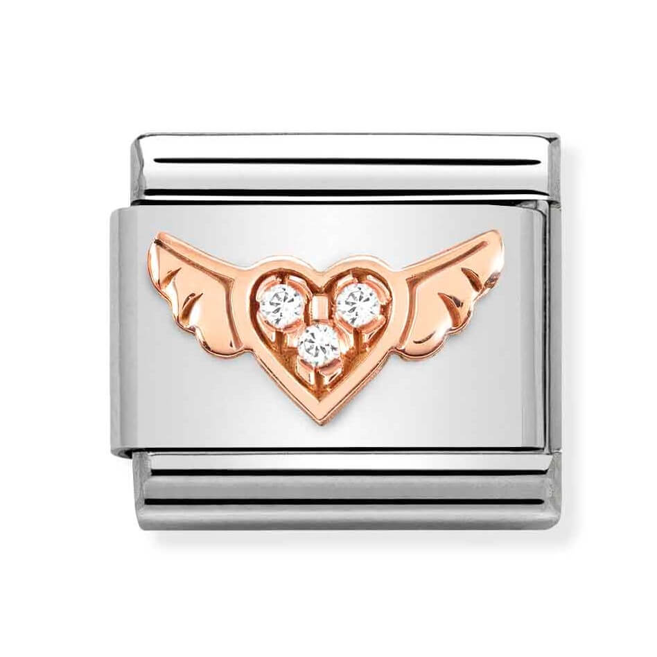 Classic Composable Link In 9K Rose Gold & CZ Heart With Wings Symbol