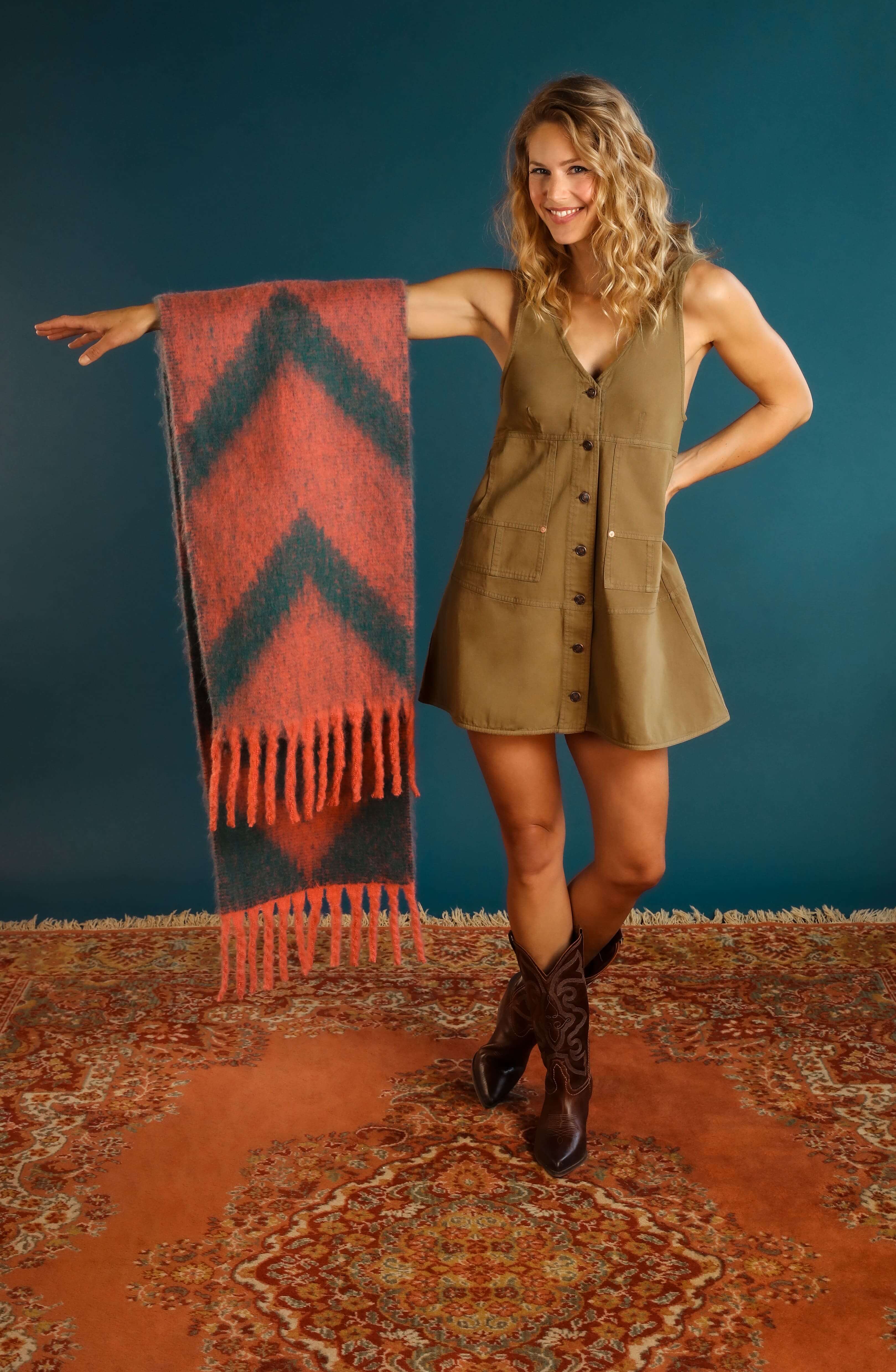 Ciara Cosy Chevron Scarf - Coral/Teal