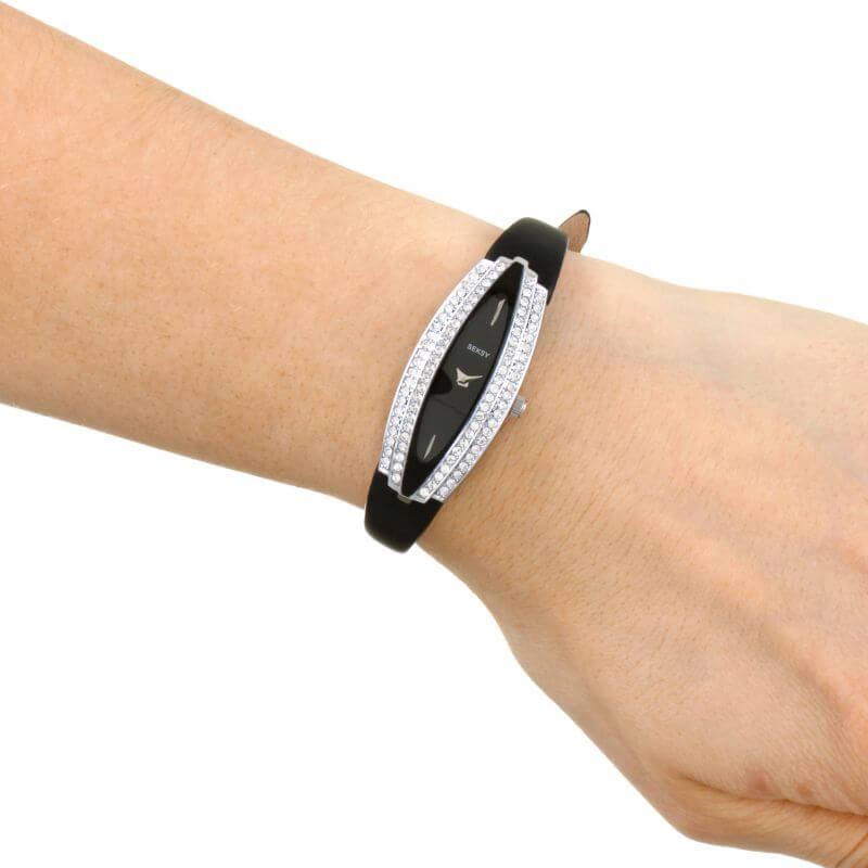 Black Dial & Black Leather Strap Ladies Watch