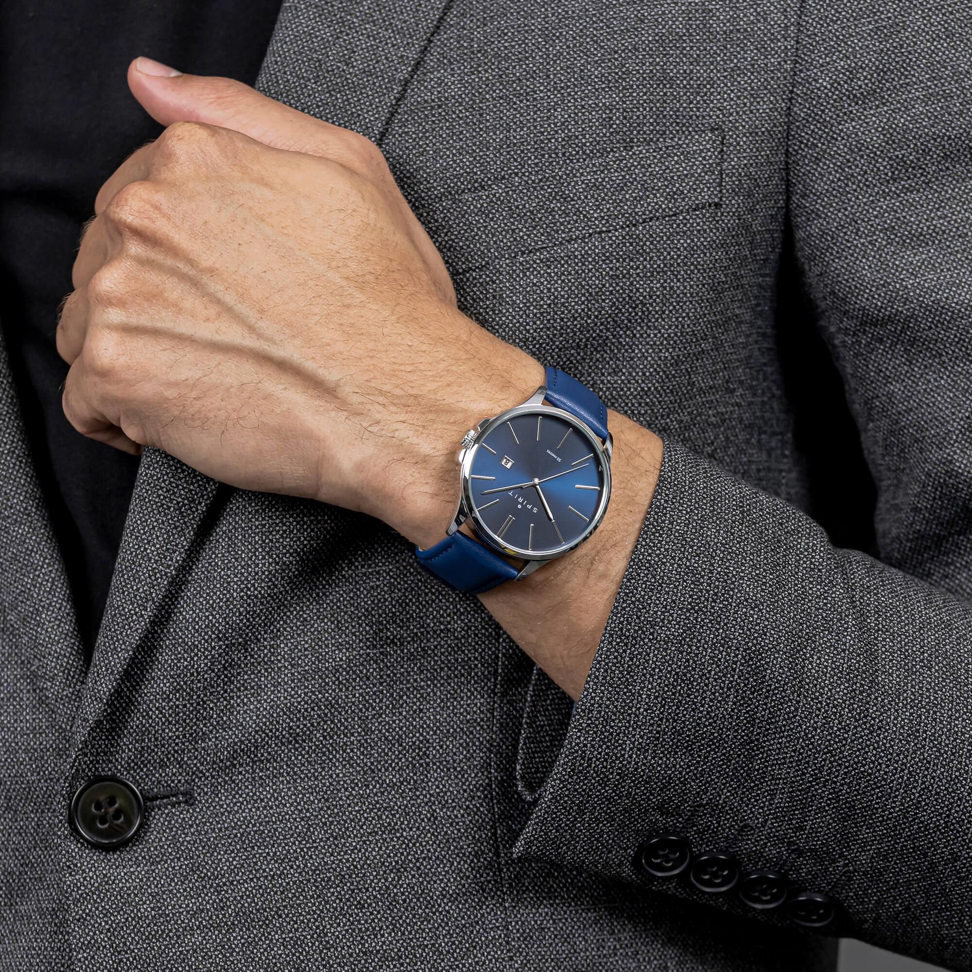 Gents Classic Polished Silver Leather Watch in Navy