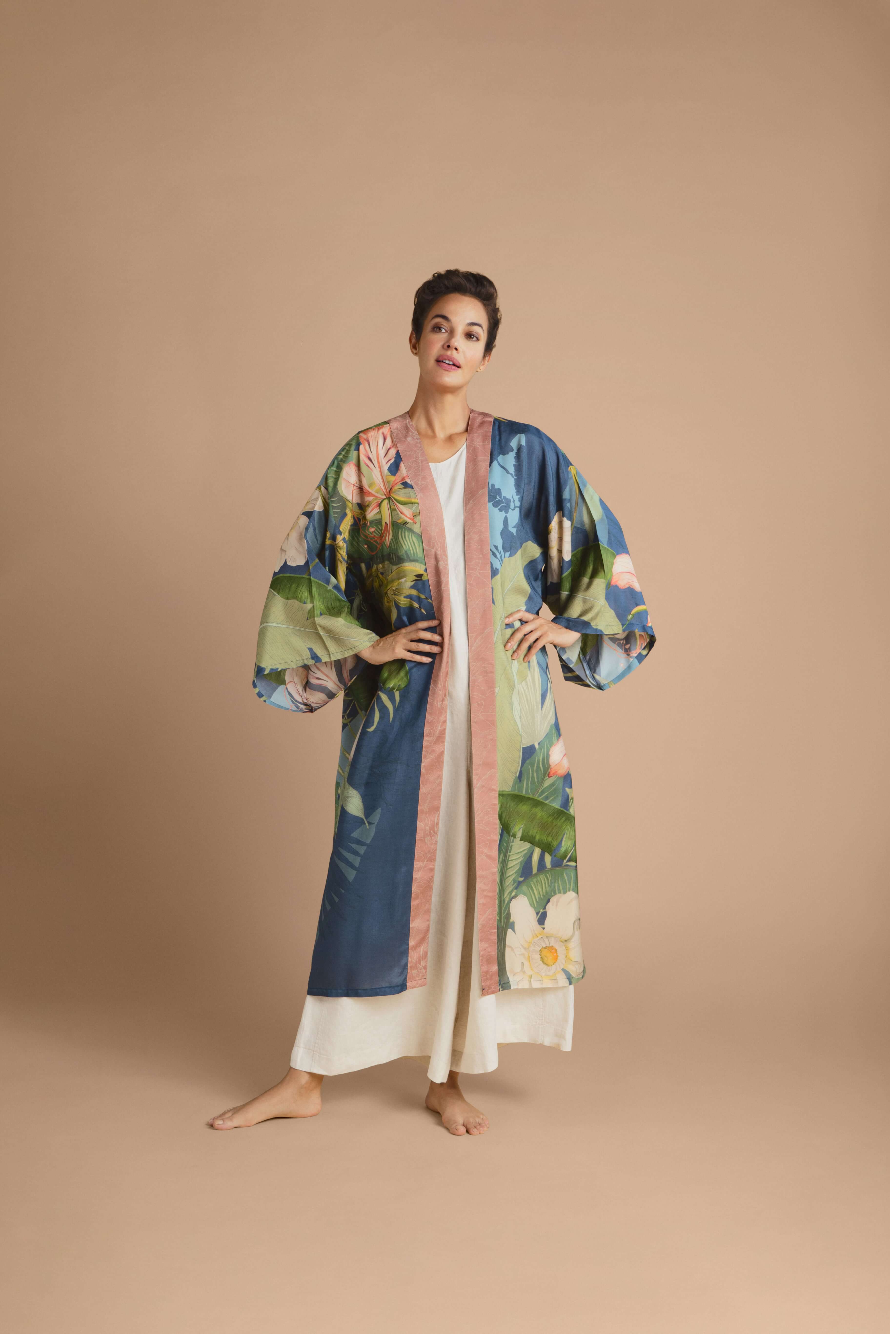Delicate Tropics Kimono Gown - Indigo