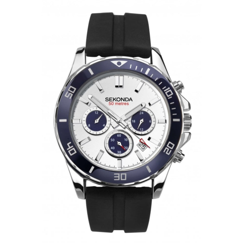 Stainless Steel Case With White Dual Time Dial & Black Rubber Strap Gents Sports Watch