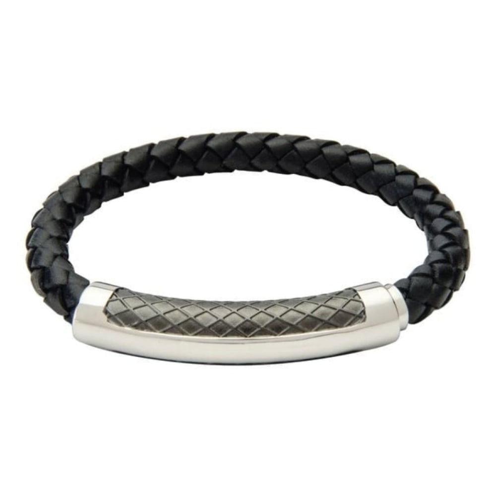 Men's Black Leather Bracelet With Gunmetal Finish Band With Diagonal Cross Pattern & Magnetic Clasp