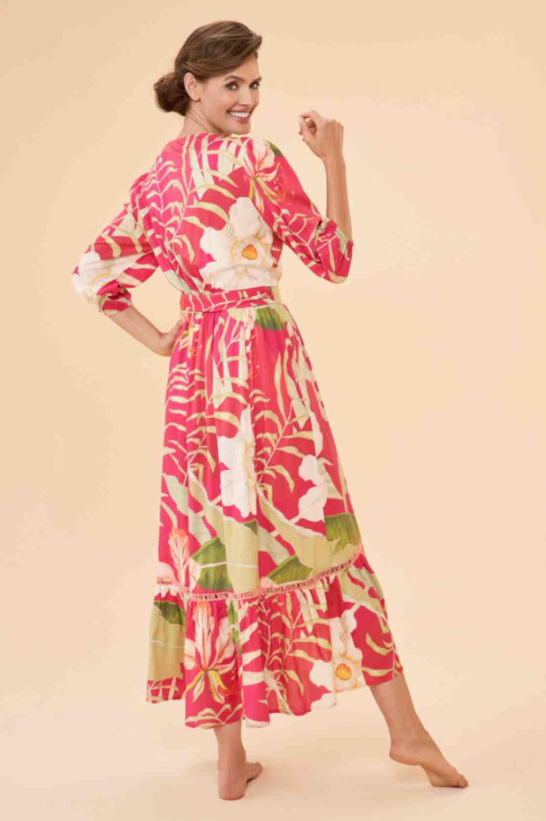 Delicate Tropical Wrap Dress - Dark Rose