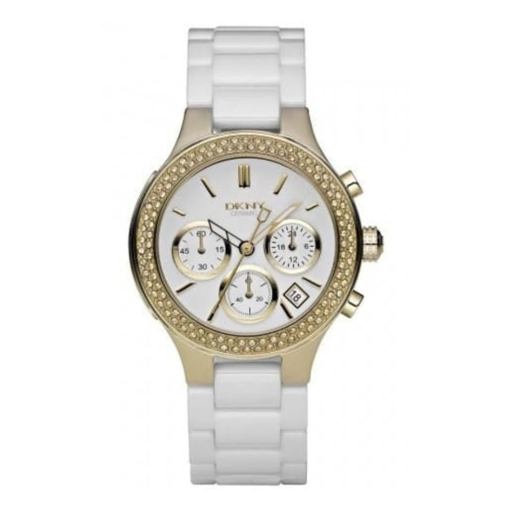 Ladies Ceramic Gold And White Chronograph Watch