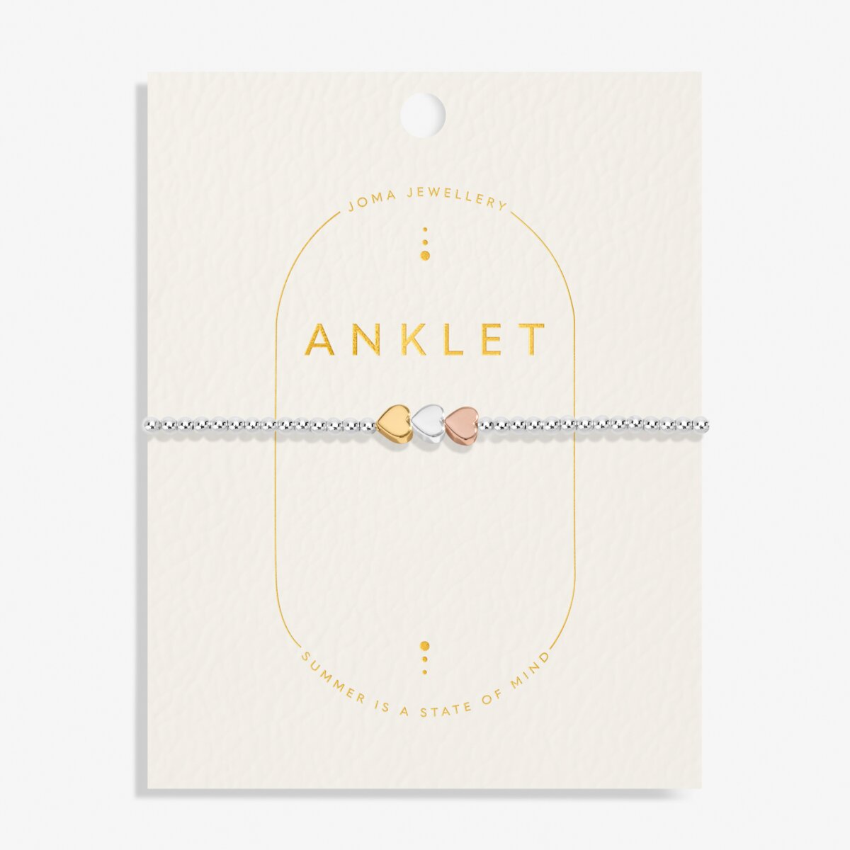 Three Tone Heart In Silver, Gold & RG Plated Anklet