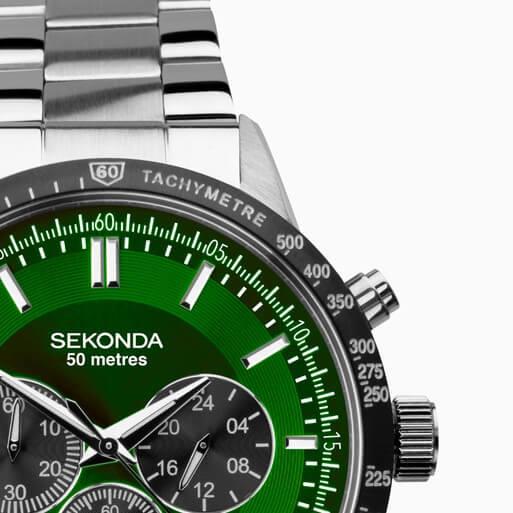 Silver Case With Green Dial & Stainless Steel Bracelet Men's Chronograph Watch