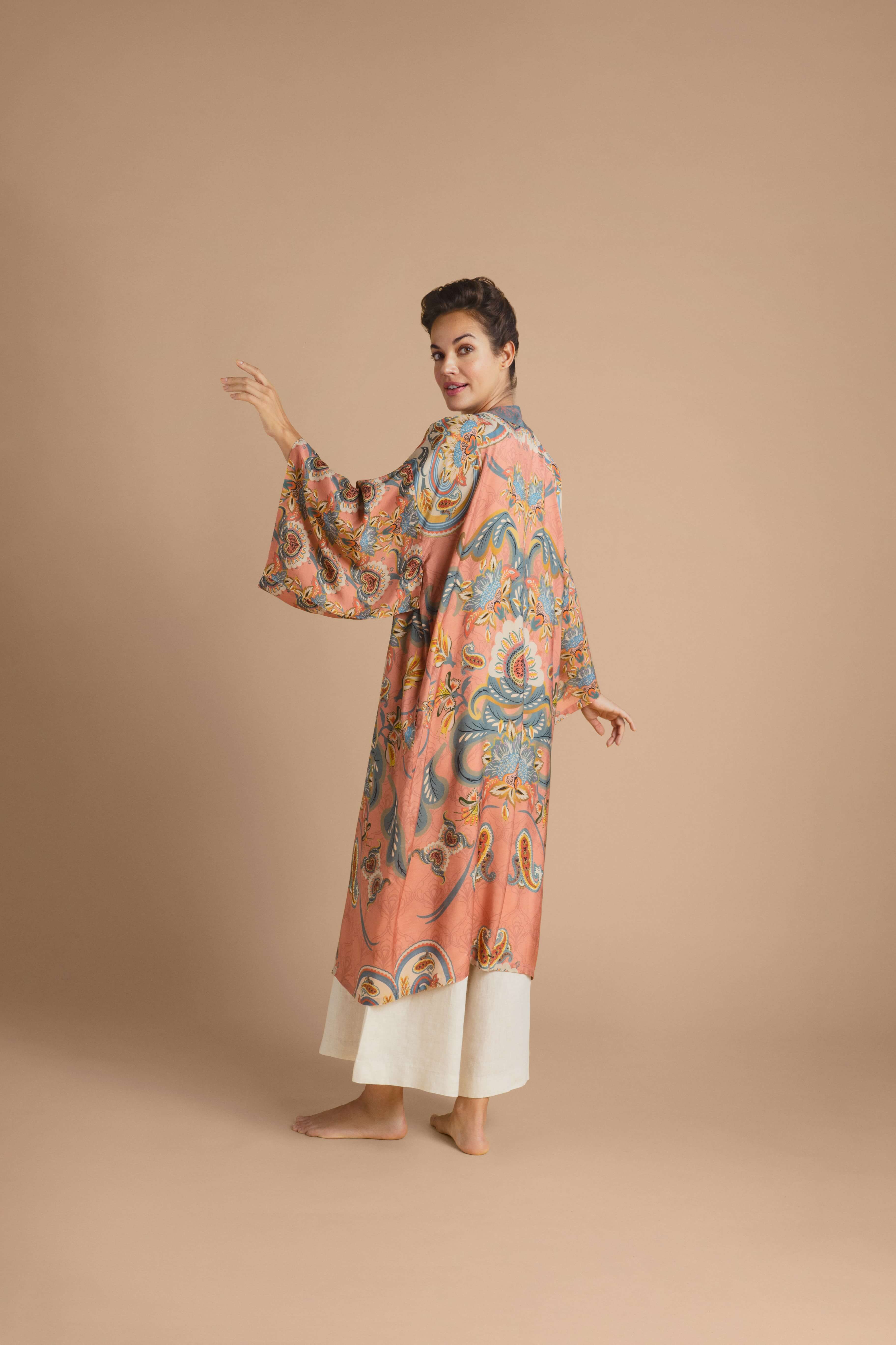 Mediterranean Paisley Kimono Gown - Coral