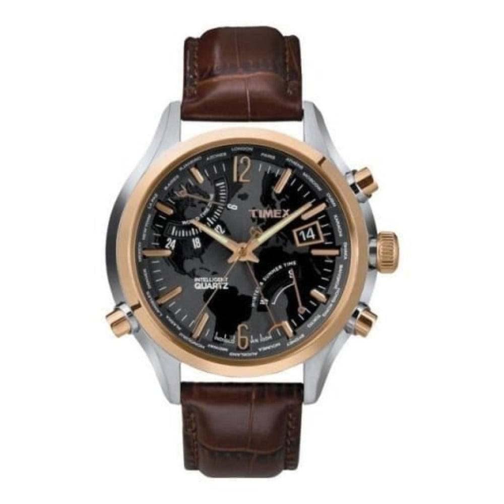 Gents IQ World Time Brown Leather Strap Watch