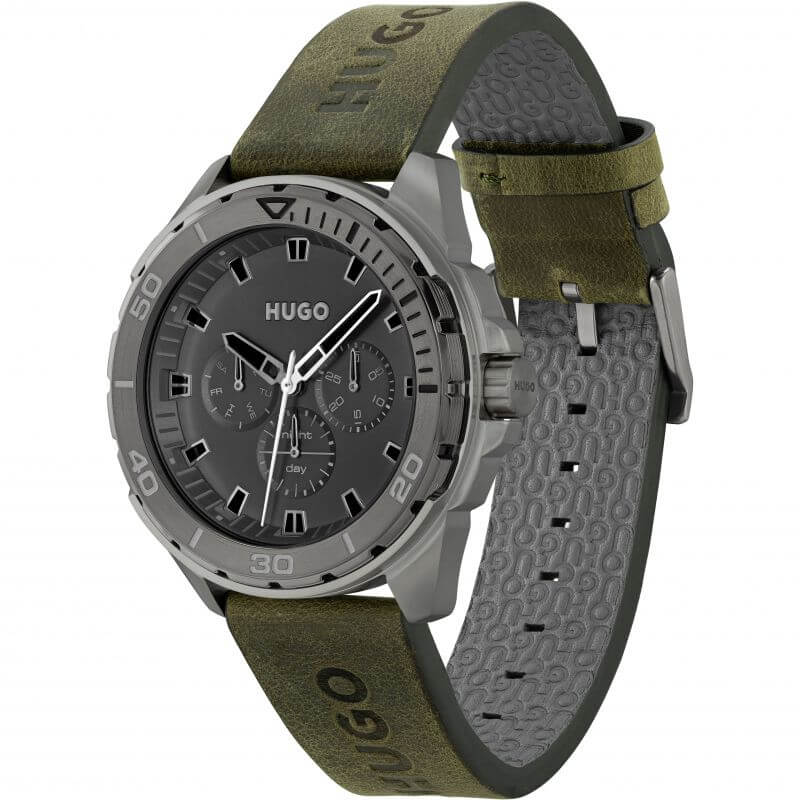 #FRESH Green Leather Strap Grey Chronograph Dial Gents Watch
