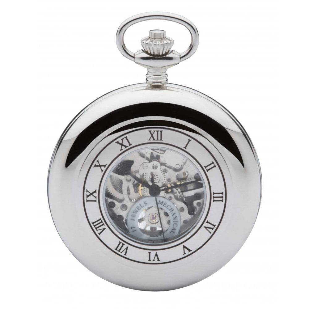 Polished Chrome Mechanical Double Half Hunter Pocket Watch With Heartbeat Window