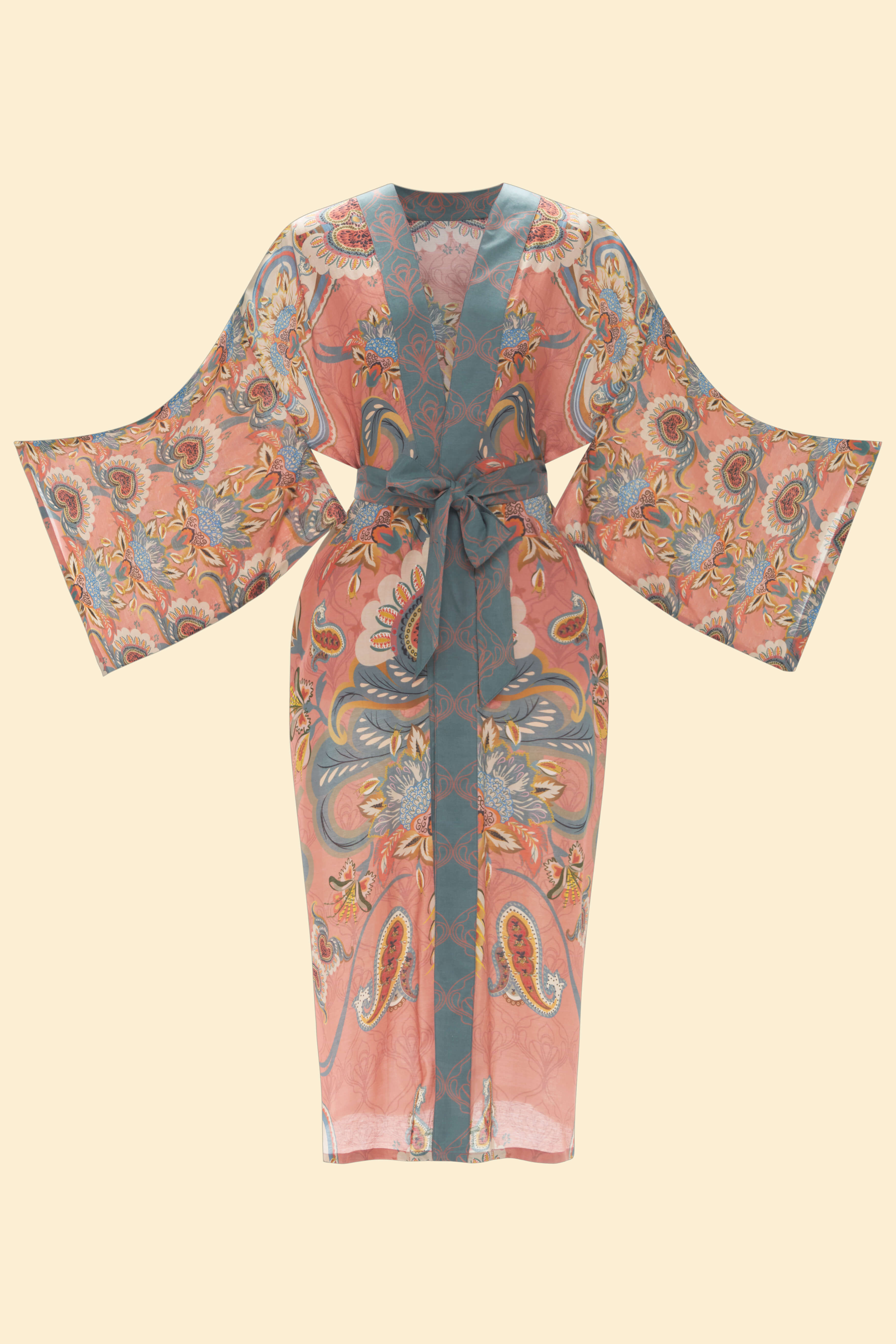 Mediterranean Paisley Kimono Gown - Coral